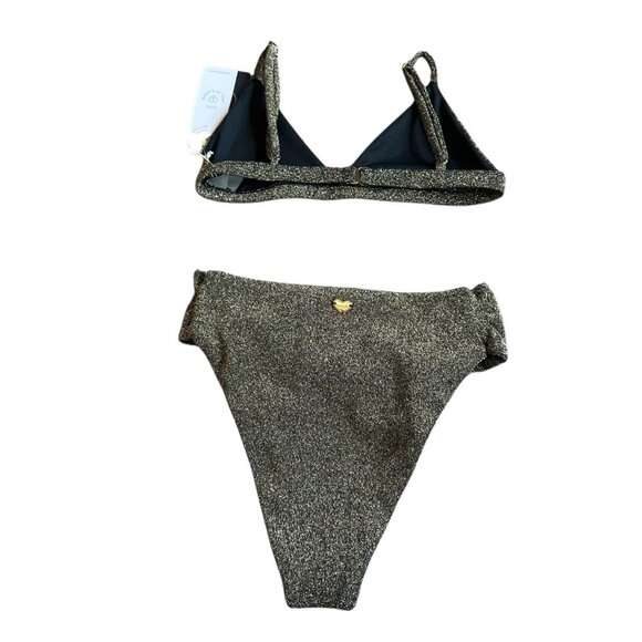 SOAH Sandy Triangle Bikini Top + High-Waisted Bottoms Swimsuit Gold Small NWT - Picture 6 of 12
